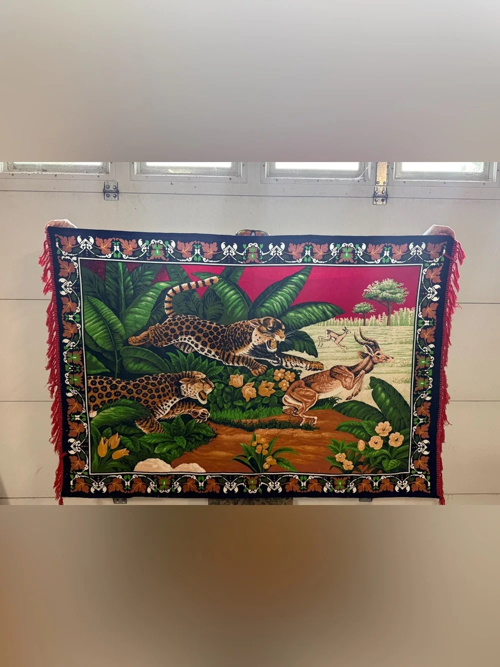 Vintage Jungle Scene Tapestry Wall Art in Green, Red and Brown